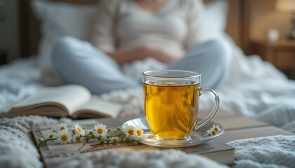 Relaxing at Home Herbal Tea Book and Flowers on Bedside Table