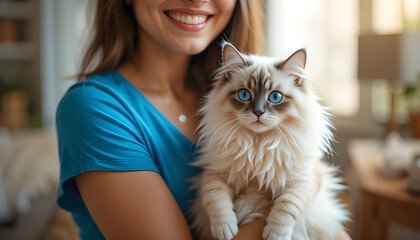 Woman Holding Adorable Fluffy Ragdoll Cat with Striking Blue Eyes Indoors