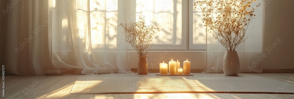 Leinwandbilder Soft sunlight illuminates a serene space with candles and flowers by the window in a calming atmosphere. Generative AI