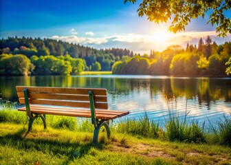 Obraz premium Summer Lake Bench: Candid Photo of Relaxing Moment by Calm Water