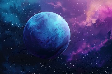 Obraz premium Cosmic scene with blue exoplanet rotating in vibrant nebula, featuring bright stars, purple clouds, and interstellar dust