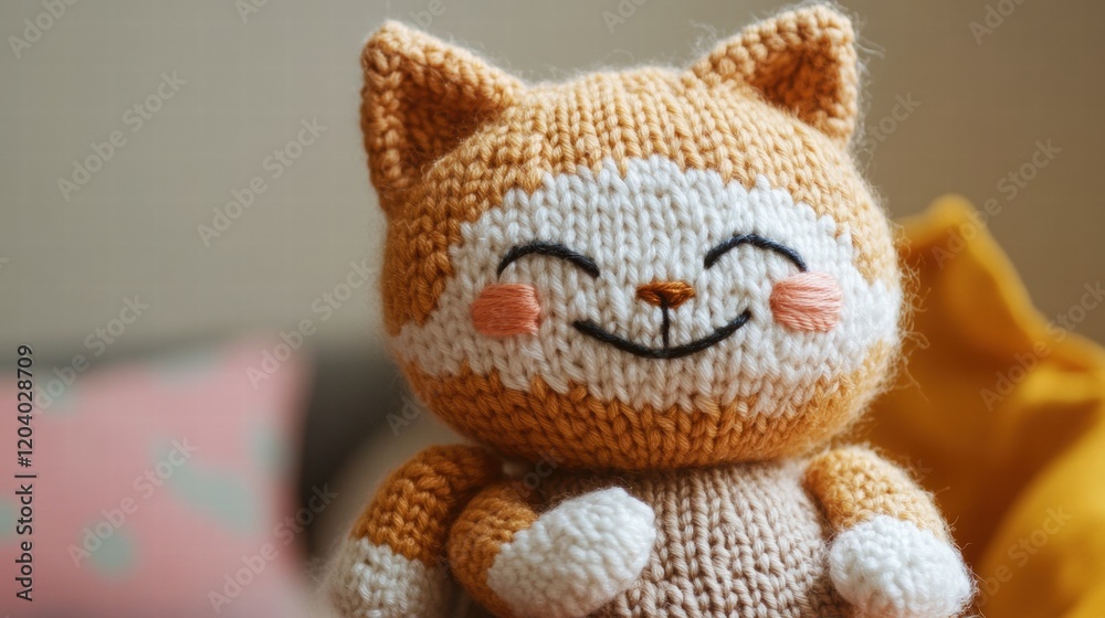 Poster cute handmade knitted cat toy with a smile, displayed against a cozy background with colorful cushio