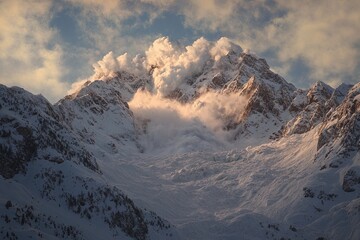 Snow-covered mountains with clouds billowing and sunlight breaking through at sunset