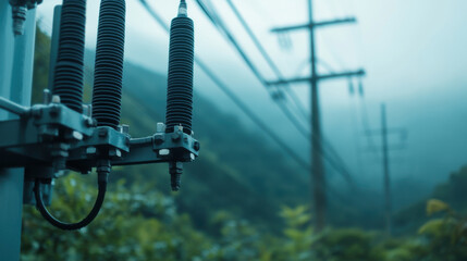 Fototapeta premium Power transformer standing amidst green fields, surrounded by misty mountains, showcasing blend of technology and nature. scene evokes sense of tranquility and innovation