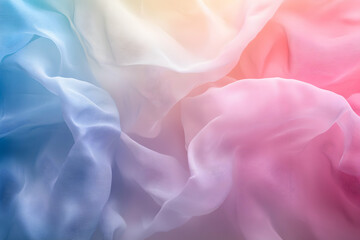 Obraz premium Dreamy pastel fabric texture background. Soft, flowing chiffon in blue, pink, and white hues. Ideal for design projects, websites, or presentations needing a delicate, ethereal feel.