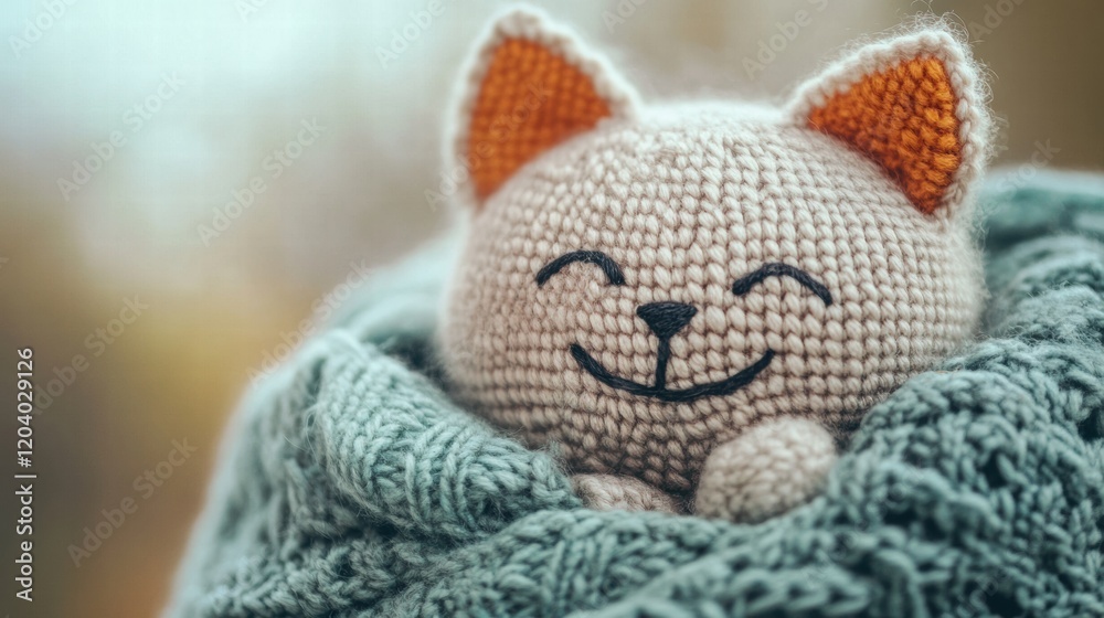 Aufkleber cute crocheted cat plushie nestled cozily in a soft blanket with a smiling expression in a warm sett