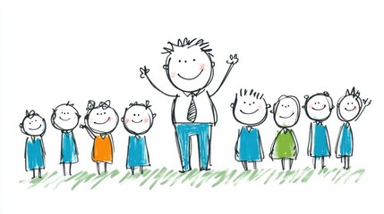 Fototapeta premium Cheerful Group of Children with Happy Teacher in Colorful Drawing Style, Engaging Educational Scene