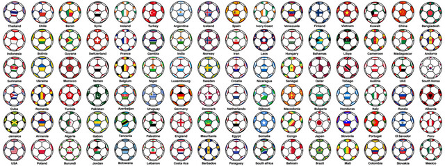 Vector set of national world flag on soccer ball football