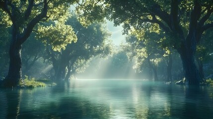 Obraz premium Tranquil Lake Surrounded by Misty Trees