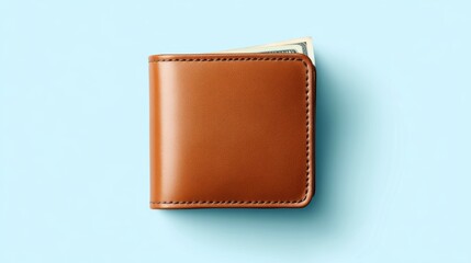 Brown Leather Wallet: A minimalist and modern brown leather wallet,  isolated on a light blue background, featuring a clean, minimalist design. The wallet is ideal for showcasing your brand or logo.