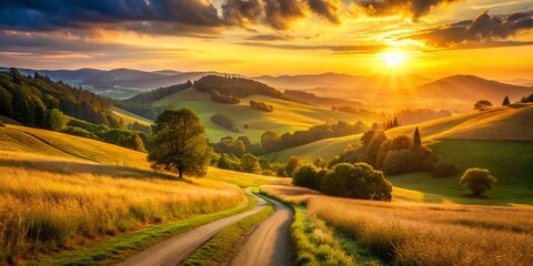 Fototapeta premium Sunlit Path Through Rolling Hills at Sunset - Golden Hour Landscape Photography