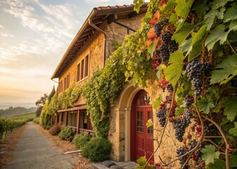 Sunlit Vineyard Architecture with Ripe Grapes Hanging from Vines