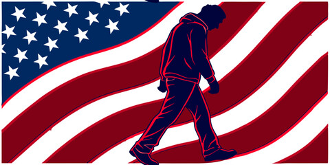 A hooded person is outlined by a stylized American flag with red and white stripes and white stars on a blue background. The design combines patriotic elements with a silhouette walking in profile.AI