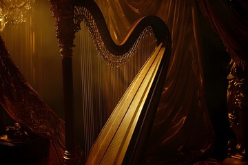 wood harp showcased in a stunning orchestral scene with intricate details and warm glowing lights