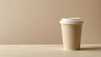 A single beige  disposable beverage cup with a white lid sits on a pale wooden surface against a solid background