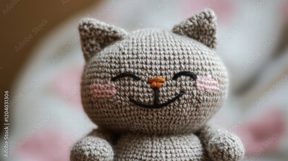 Poster crochet cat toy with a smiling face displayed on a cozy textile background in soft lighting. generat