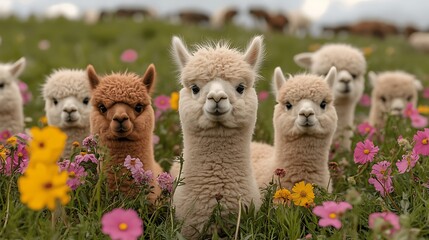 Fototapeta premium Alpacas in a field of flowers