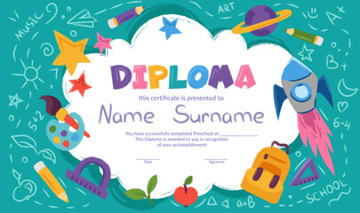 Colorful school and preschool diploma certificate for kids and children in kindergarten or primary grades with doodle elements on blue background. Vector cartoon flat illustration