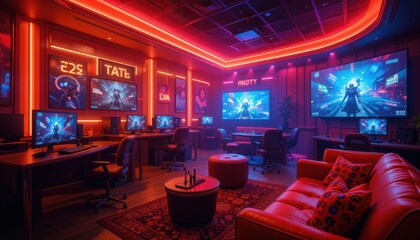 High-tech gaming lounge with neon lights and multiple screens showcasing exciting gameplay in a modern environment