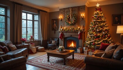 Cozy Christmas living room with a decorated tree and a warming fireplace in a festive home setting