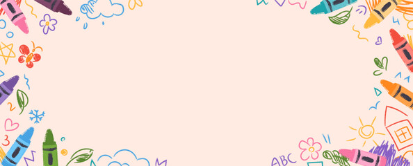 Colorful kindergarten crayon background with doodles drawn by colorful crayons. Childlike border frame with pencils and childish drawings on paper. Vector illustration for certificate, diploma, poster
