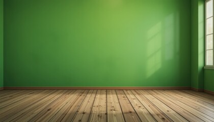 Bright green room with wooden floor and natural light streaming through window