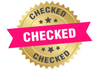 checked. checked round pink and gold label isolated on transparent background