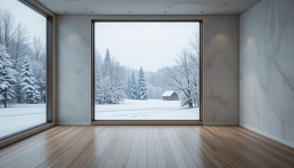 Fototapeta premium Snowy winter landscape view from a minimalistic modern interior with large windows