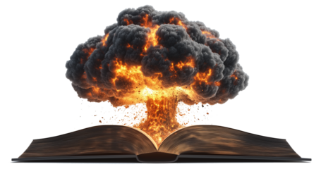 PNG Explosion of Knowledge – Open Book with a Dramatic Mushroom Cloud
