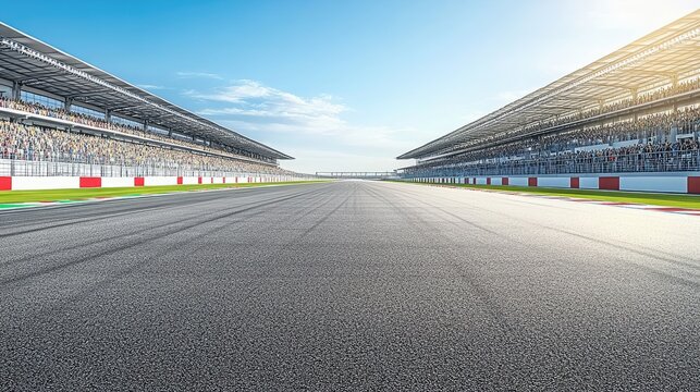 Race Track Asphalt Leading To Grandstands Filled With Spectators