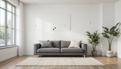 Fototapeta premium Modern living room interior with sofa, plants, and natural light in a cozy space
