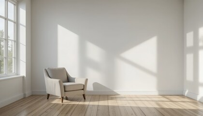 Light and shadow play in a minimalistic room with a modern armchair by the window