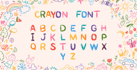 Crayon kids font, doodle funny playful alphabet, hand drawn letters. School wax crayon abc for educational banners, school, kindergarten. Vector cartoon children illustration