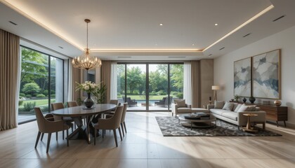 Modern living space with large windows overlooking a lush garden during the day