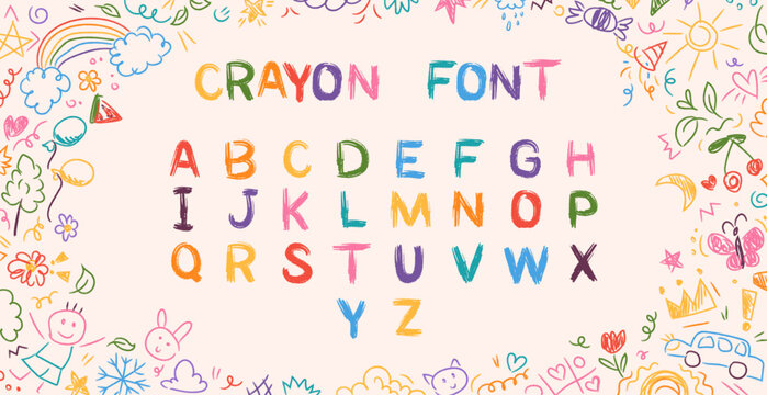 Crayon kids font, doodle funny playful alphabet, hand drawn letters. School wax crayon abc for educational banners, school, kindergarten. Vector cartoon children illustration