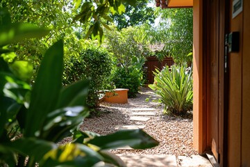 Obraz premium Serene Garden Path Stone Walkway Lush Greenery Peaceful Oasis Tranquil Escape