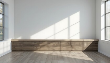 Simple and modern interior with wooden storage unit and large windows allowing natural light