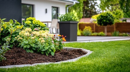 Serene Backyard Garden Design Featuring Blooming Hydrangeas and Lush Green Lawn