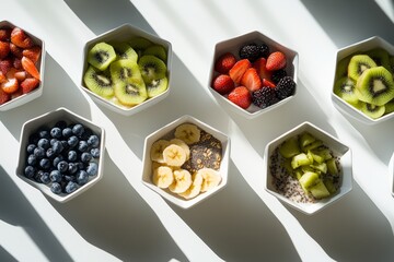 Overhead shot of six hexagonal bowls filled with various fruits, including strawberries, blueberries, kiwi, and banana slices, arranged on a white surface.