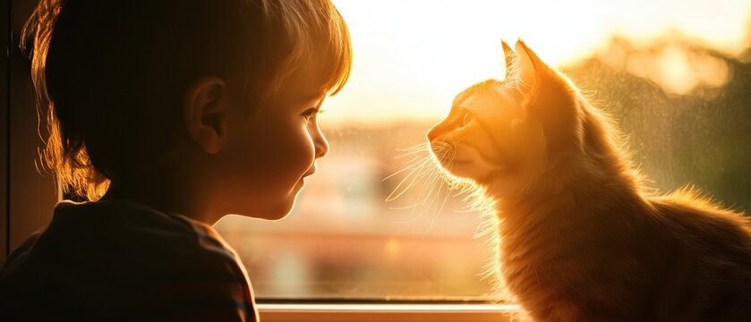 A child gazes lovingly at a cat, illuminated by soft sunlight through a window.