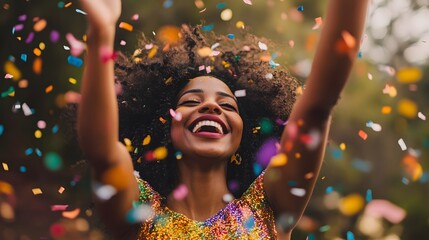 Obraz premium Woman Joyfully Celebrates Surrounded By Colorful Confetti