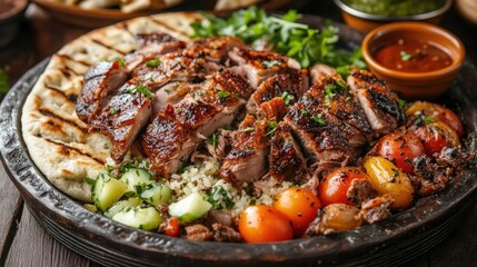 Fototapeta premium Roasted duck dish with crispy skin, flatbread, and a variety of colorful garnishes, arranged for a culinary presentation.