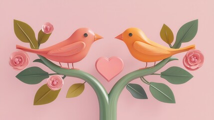 Fototapeta premium Colorful birds on a tree branch with flowers and heart illustration, perfect for romantic or nature-themed designs and background decorations