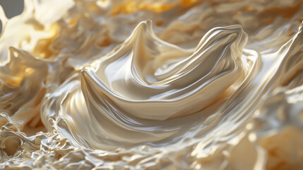 A luxurious swirl of cream in motion, The background is softly blurred in warm, neutral tones. The cream begins to solidify slightly, hinting at its transformation into a dessert. 