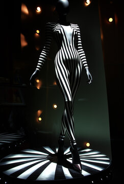 kobieta w kostiumie w pasy, zebra, fashion, pokaz mody