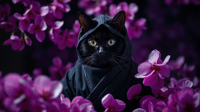 Cute black cat dressed like ninja in black kimono in blooming Japanese sakura garden