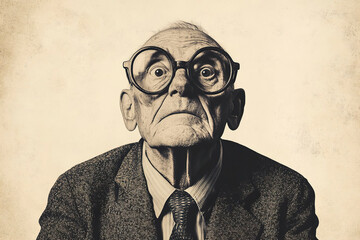 Retro monochrome photo: Grandpa in big round glasses is very surprised.