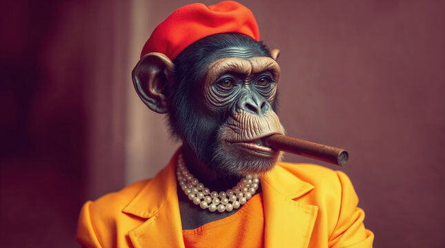 Funny monkey wearing pearl necklace and orange suit, smoking a Cuban cigar like a human