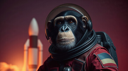 Portrait of a cool monkey astronaut in a space suit with a space rocket on background. Hero shot of a wild animal doing human job