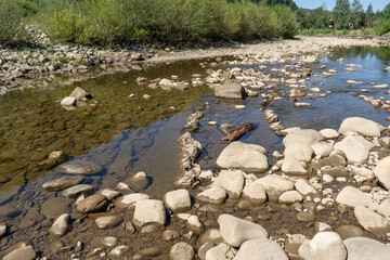 Mountain river. Flow of water over stones. Summer